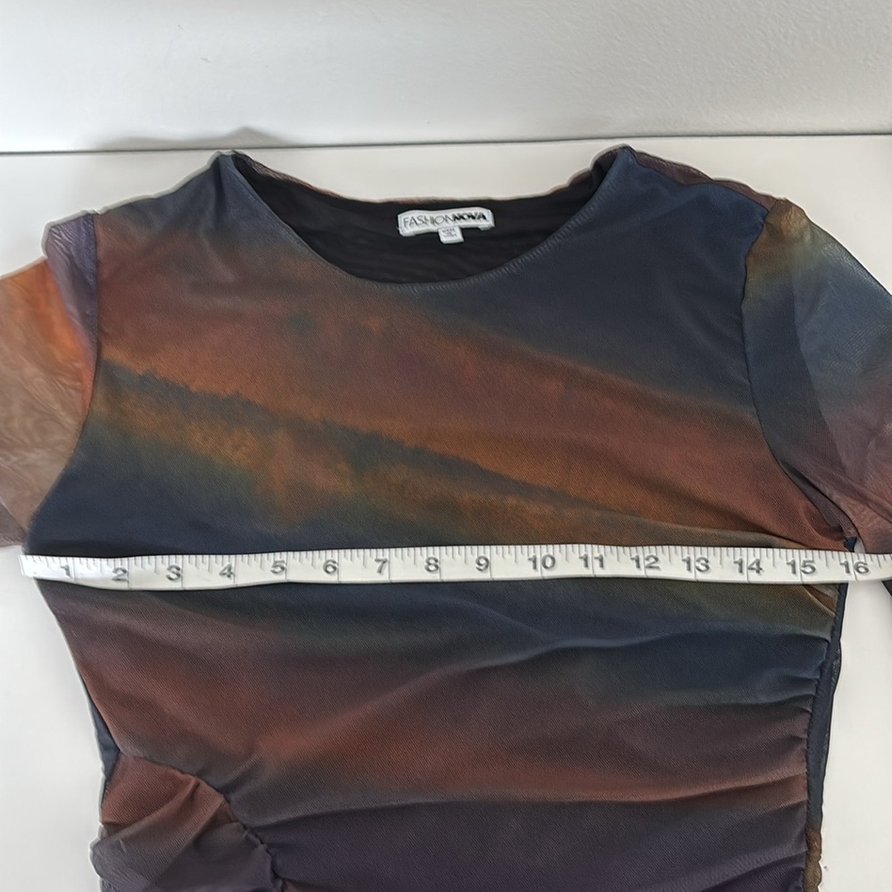 BodyCon Dress L Ruched Ombre Sunset Sheer Sleeves Y2K Dark Fairy Ethereal Grunge - Picture 4 of 15